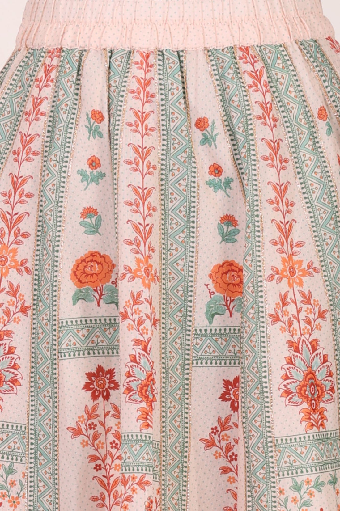 Peach Floral Print Chanderi Crop Top with Skirt &amp; Gillet Set