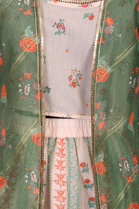 Peach Floral Print Chanderi Crop Top with Skirt &amp; Gillet Set