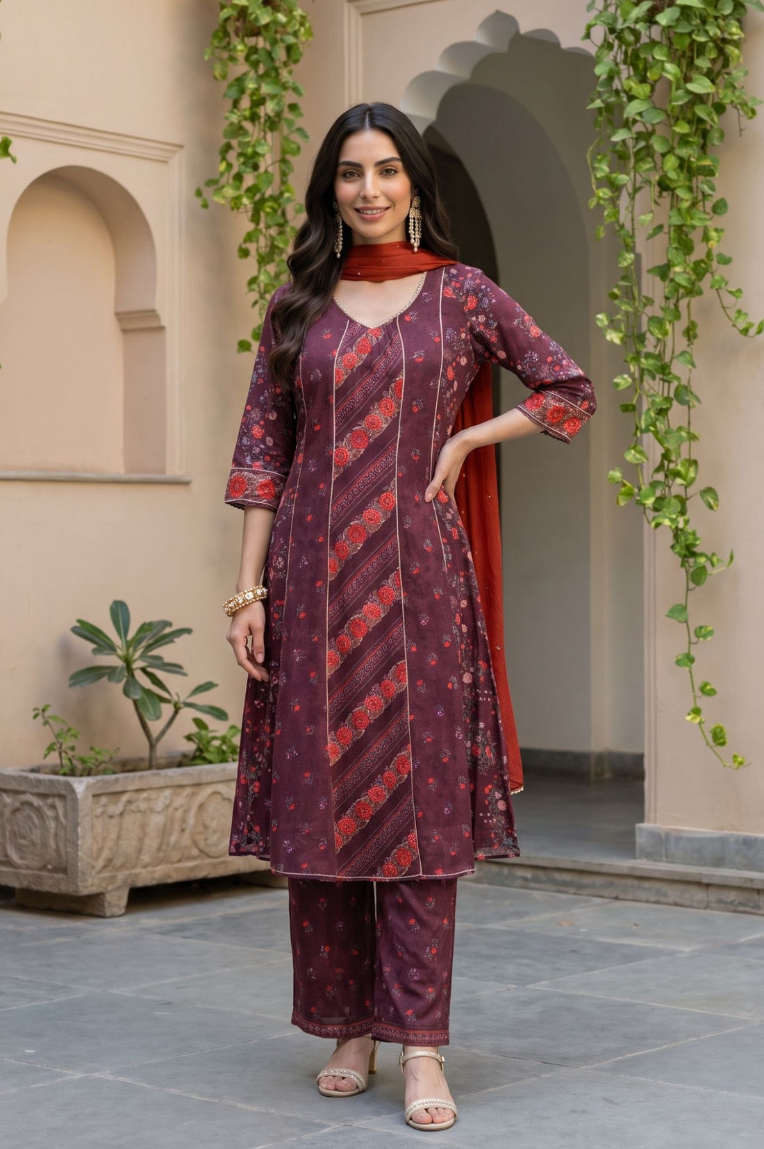 Burgundy Floral Print Pure Cotton A-Line Kurta with Trouser &amp; Printed Dupatta (Lace Embellished)