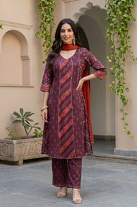 Burgundy Floral Print Pure Cotton A-Line Kurta with Trouser &amp; Printed Dupatta (Lace Embellished)