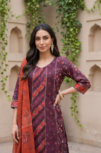 Burgundy Floral Print Pure Cotton A-Line Kurta with Trouser &amp; Printed Dupatta (Lace Embellished)