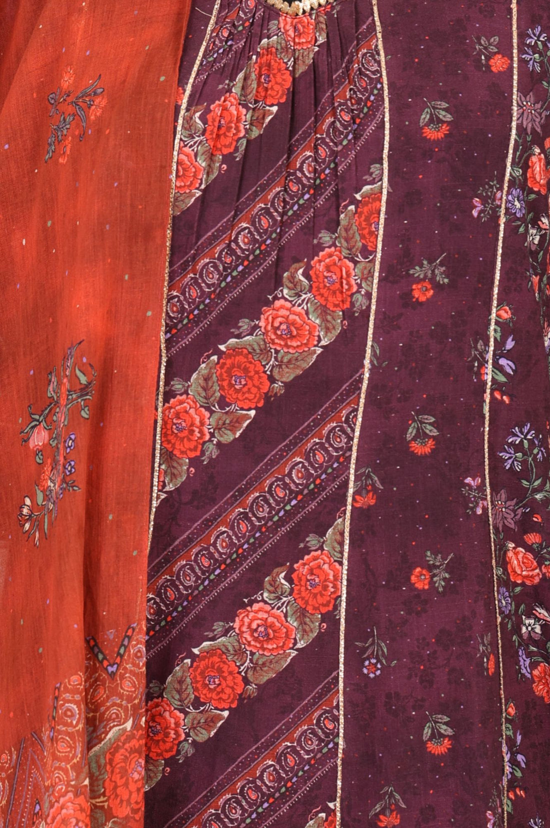 Burgundy Floral Print Pure Cotton A-Line Kurta with Trouser &amp; Printed Dupatta (Lace Embellished)