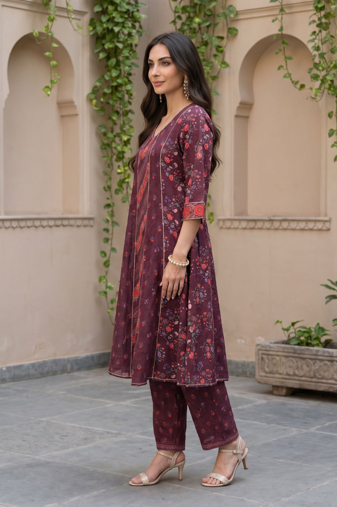 Burgundy Floral Print Pure Cotton A-Line Kurta with Trouser &amp; Printed Dupatta (Lace Embellished)