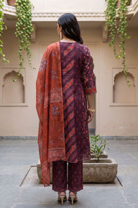 Burgundy Floral Print Pure Cotton A-Line Kurta with Trouser &amp; Printed Dupatta (Lace Embellished)
