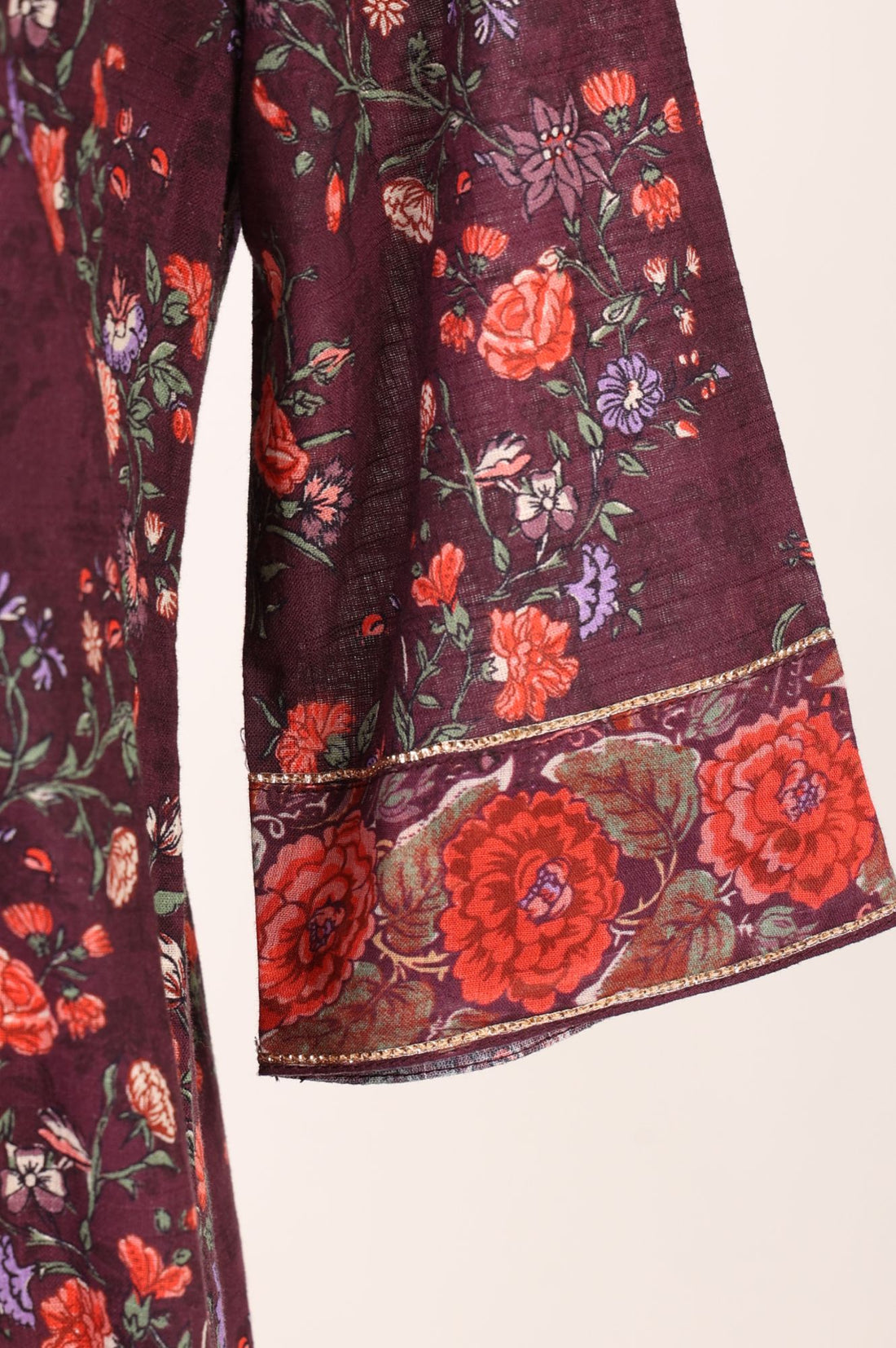Burgundy Floral Print Pure Cotton A-Line Kurta with Trouser &amp; Printed Dupatta (Lace Embellished)