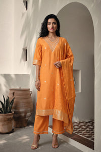 Orange Yarn Dyed Zari Embroidered Jacquard Straight Kurta with Palazzo and Dupatta Set