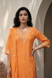 Orange Yarn Dyed Zari Embroidered Jacquard Straight Kurta with Palazzo and Dupatta Set