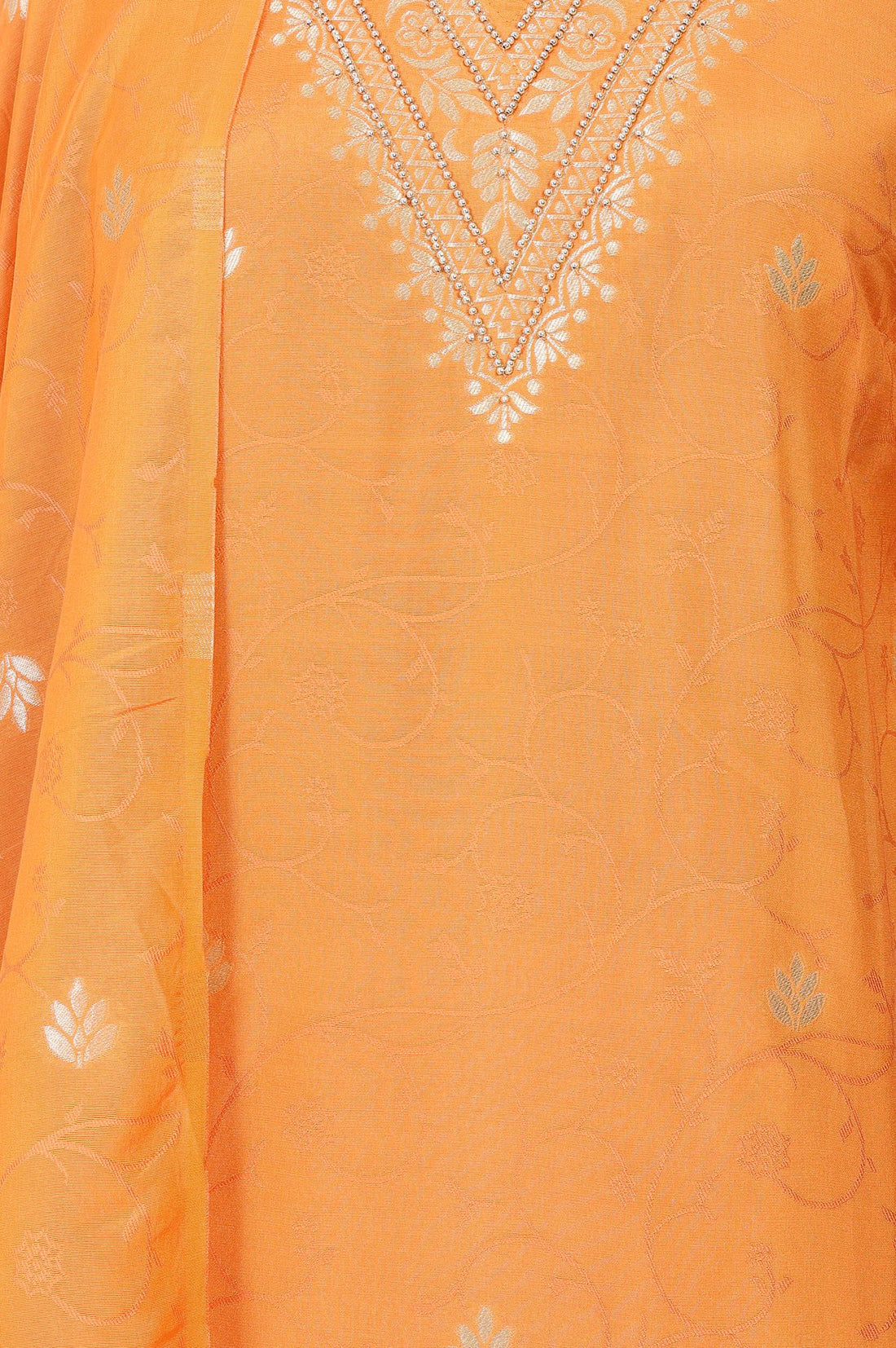 Orange Yarn Dyed Zari Embroidered Jacquard Straight Kurta with Palazzo and Dupatta Set