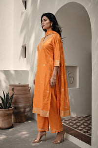 Orange Yarn Dyed Zari Embroidered Jacquard Straight Kurta with Palazzo and Dupatta Set