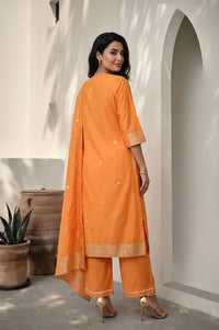 Orange Yarn Dyed Zari Embroidered Jacquard Straight Kurta with Palazzo and Dupatta Set