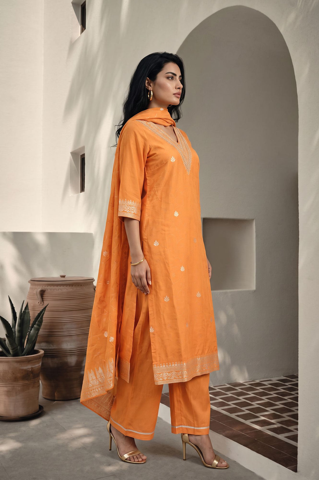 Orange Yarn Dyed Zari Embroidered Jacquard Straight Kurta with Palazzo and Dupatta Set