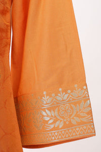 Orange Yarn Dyed Zari Embroidered Jacquard Straight Kurta with Palazzo and Dupatta Set