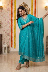 Teal Yarn Dyed Jacquard Zari Embroidered Straight Kurta with Palazzo and Dupatta Set