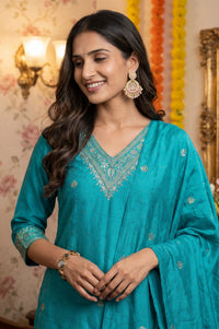 Teal Yarn Dyed Jacquard Zari Embroidered Straight Kurta with Palazzo and Dupatta Set