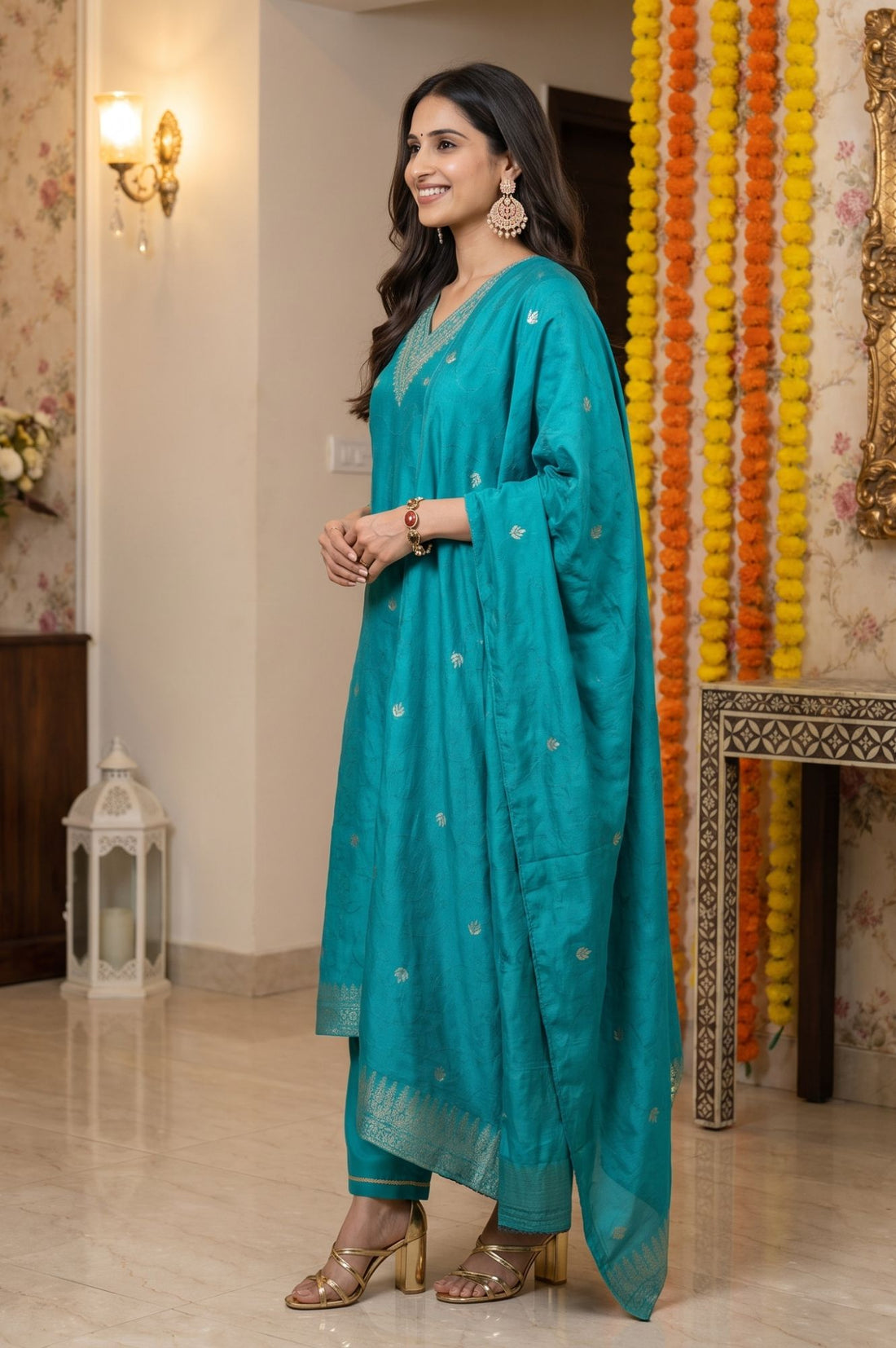 Teal Yarn Dyed Jacquard Zari Embroidered Straight Kurta with Palazzo and Dupatta Set