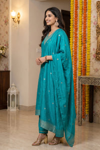 Teal Yarn Dyed Jacquard Zari Embroidered Straight Kurta with Palazzo and Dupatta Set