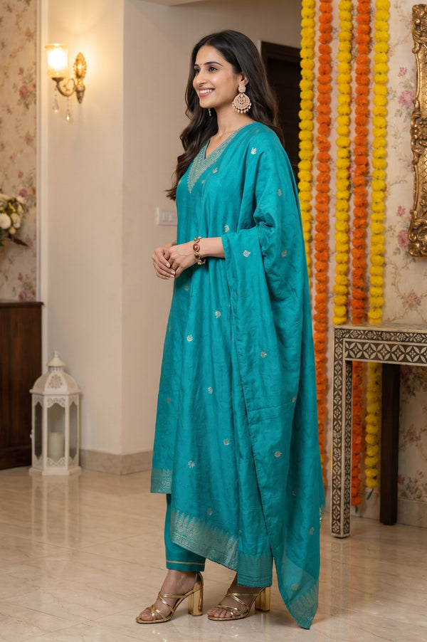 Teal Yarn Dyed Jacquard Zari Embroidered Straight Kurta with Palazzo and Dupatta Set