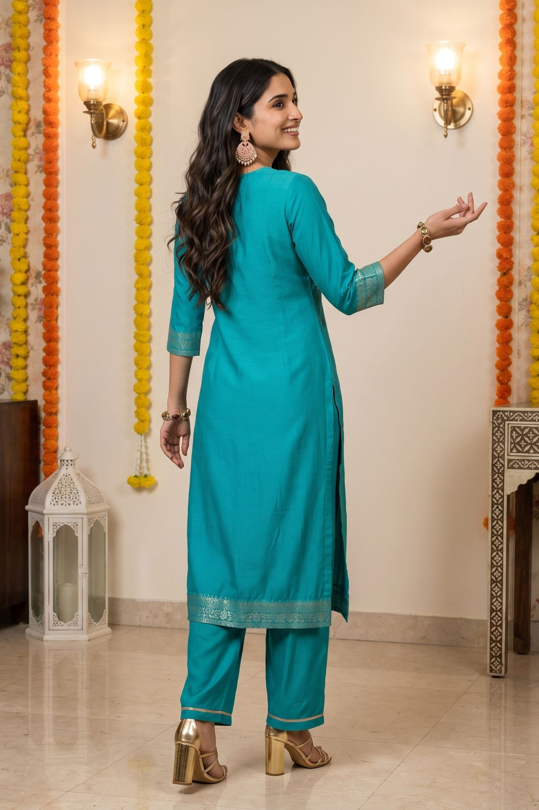 Teal Yarn Dyed Jacquard Zari Embroidered Straight Kurta with Palazzo and Dupatta Set