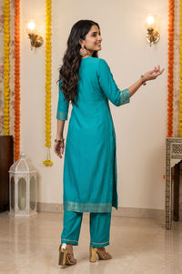 Teal Yarn Dyed Jacquard Zari Embroidered Straight Kurta with Palazzo and Dupatta Set