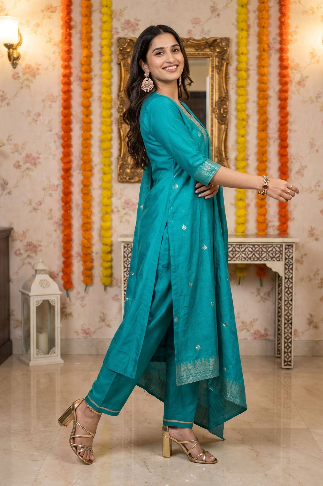 Teal Yarn Dyed Jacquard Zari Embroidered Straight Kurta with Palazzo and Dupatta Set