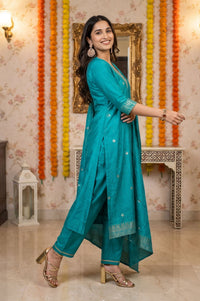 Teal Yarn Dyed Jacquard Zari Embroidered Straight Kurta with Palazzo and Dupatta Set
