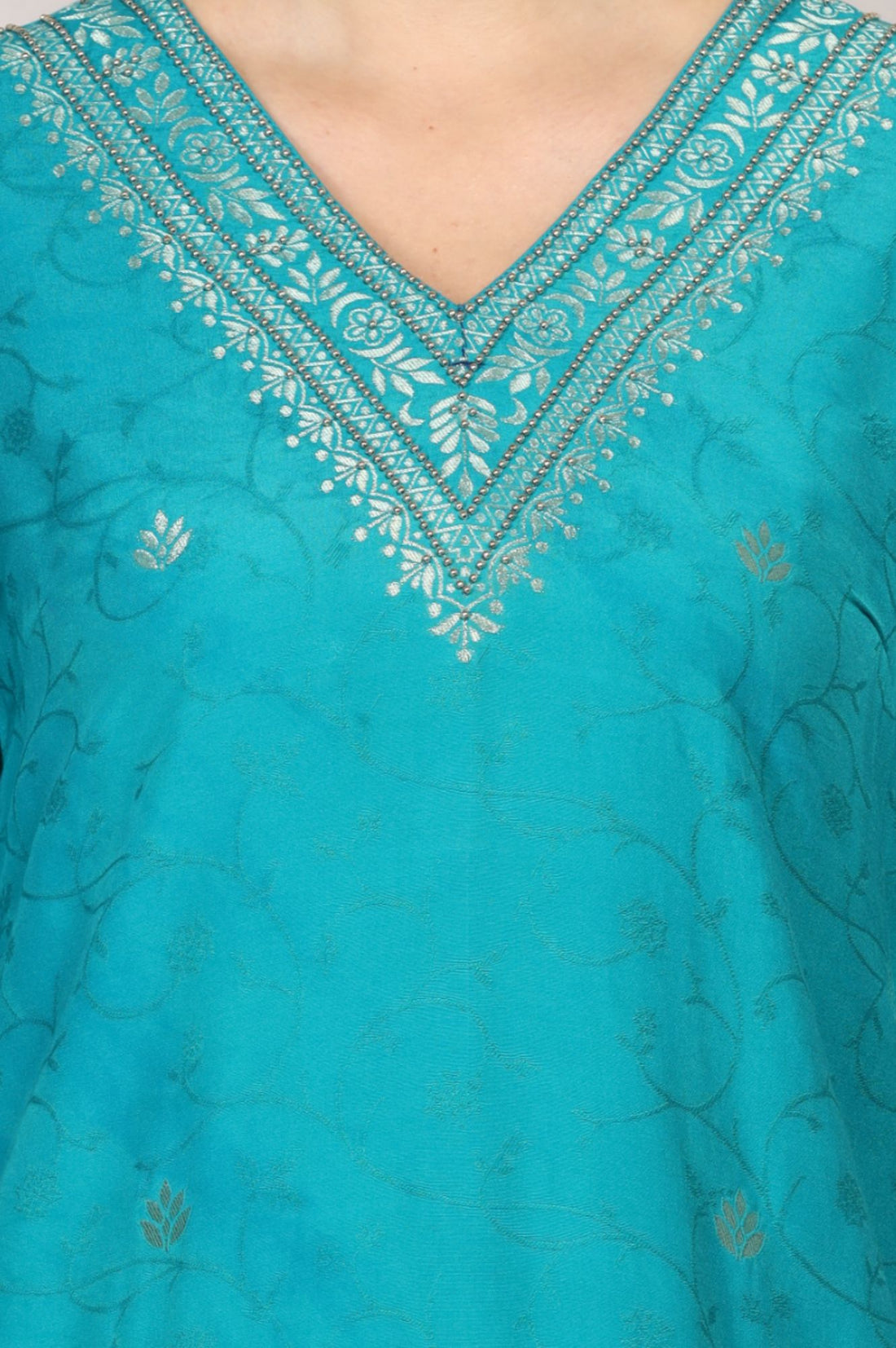 Teal Yarn Dyed Jacquard Zari Embroidered Straight Kurta with Palazzo and Dupatta Set