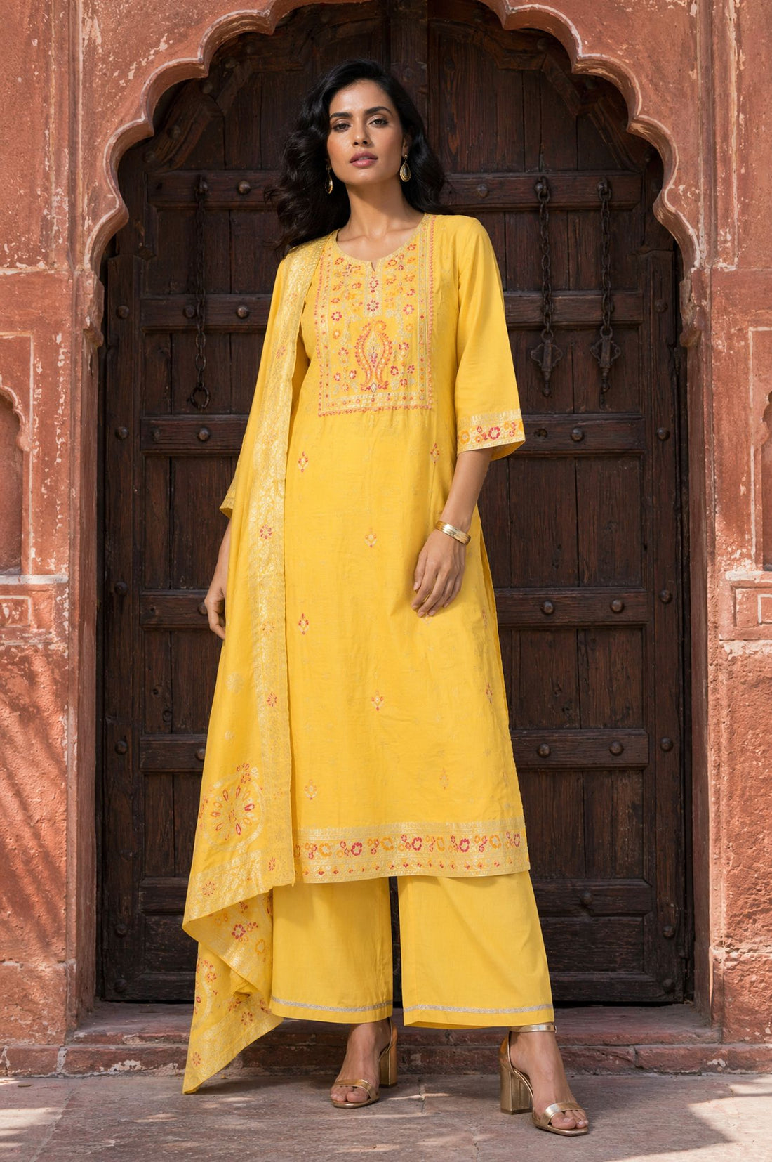 Yellow Zari Embroidered Jacquard Straight Kurta with Palazzo and Dupatta Set
