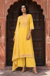 Yellow Zari Embroidered Jacquard Straight Kurta with Palazzo and Dupatta Set