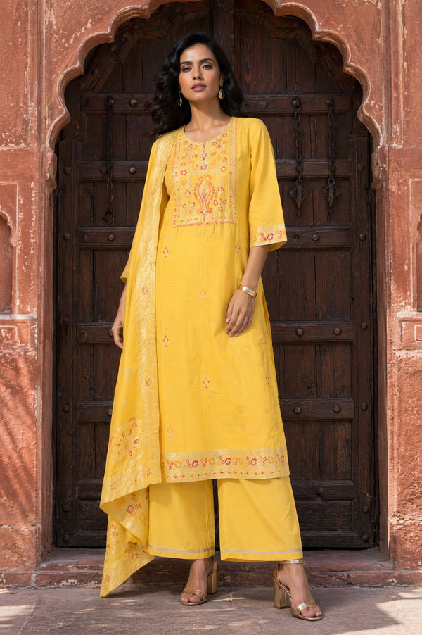 Yellow Zari Embroidered Jacquard Straight Kurta with Palazzo and Dupatta Set