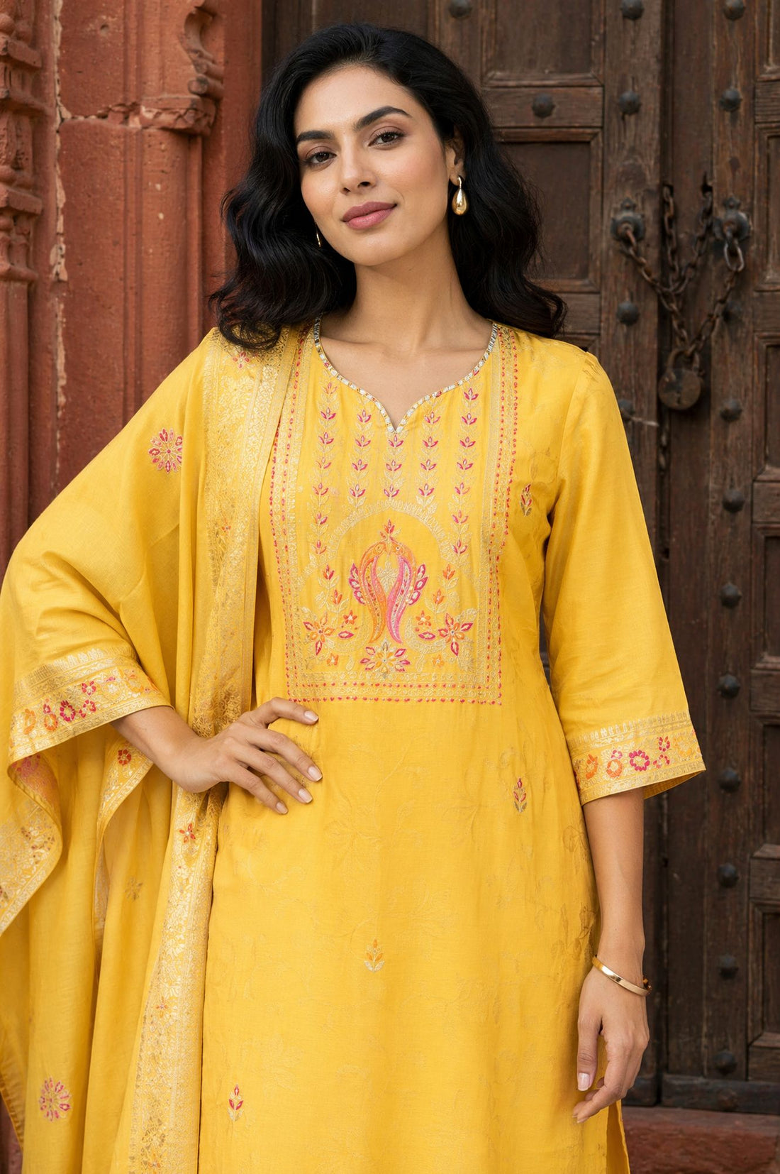 Yellow Zari Embroidered Jacquard Straight Kurta with Palazzo and Dupatta Set
