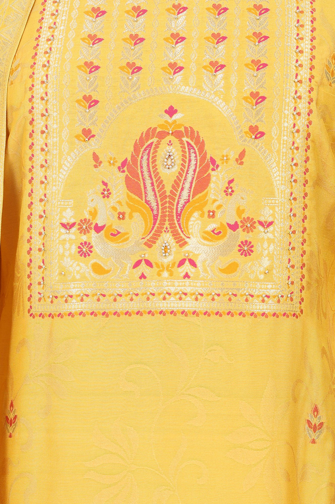 Yellow Zari Embroidered Jacquard Straight Kurta with Palazzo and Dupatta Set
