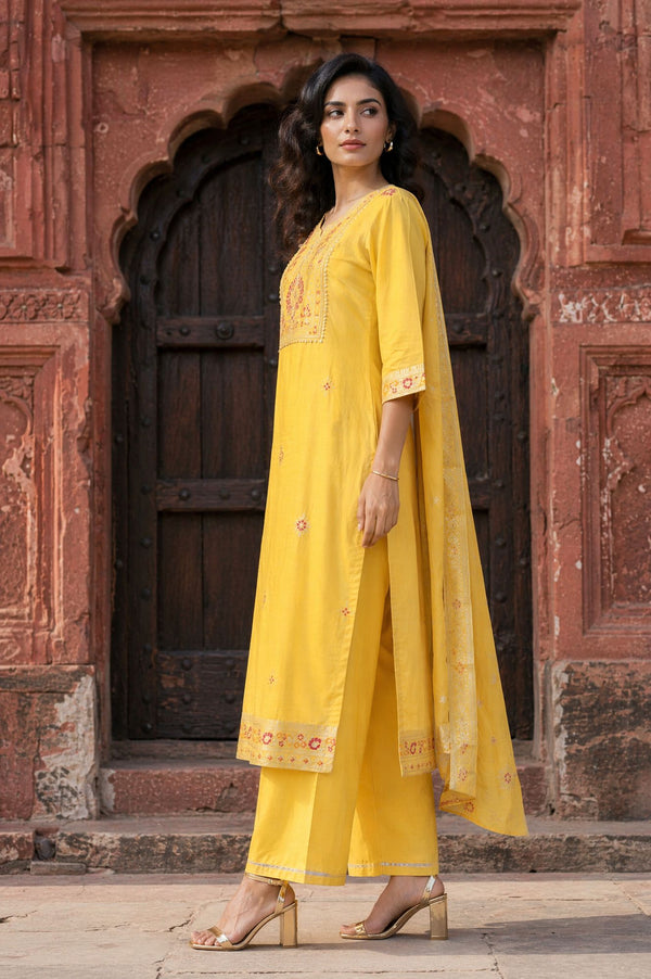 Yellow Zari Embroidered Jacquard Straight Kurta with Palazzo and Dupatta Set