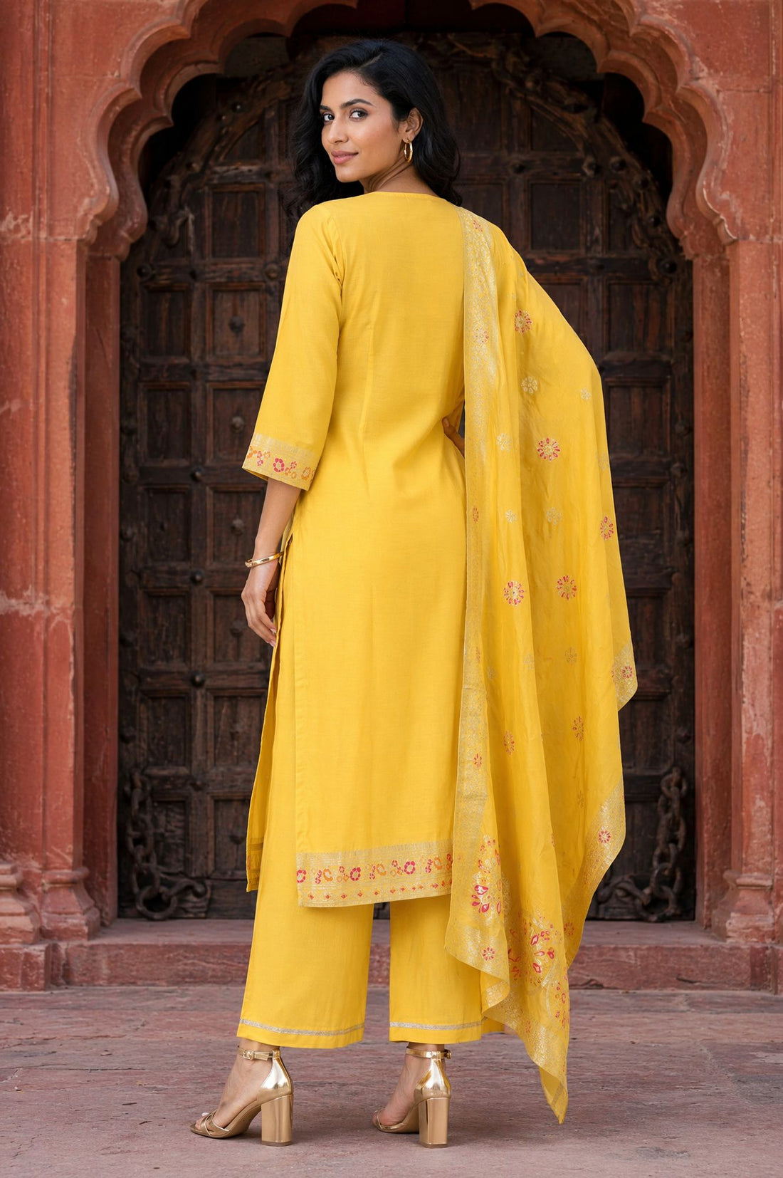 Yellow Zari Embroidered Jacquard Straight Kurta with Palazzo and Dupatta Set