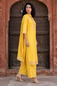 Yellow Zari Embroidered Jacquard Straight Kurta with Palazzo and Dupatta Set