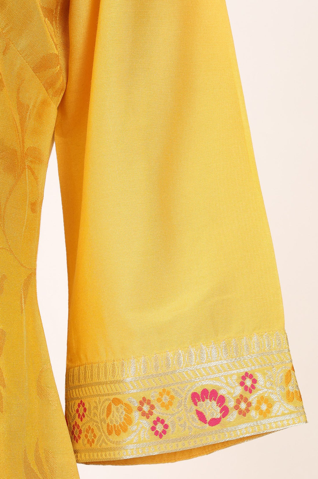 Yellow Zari Embroidered Jacquard Straight Kurta with Palazzo and Dupatta Set