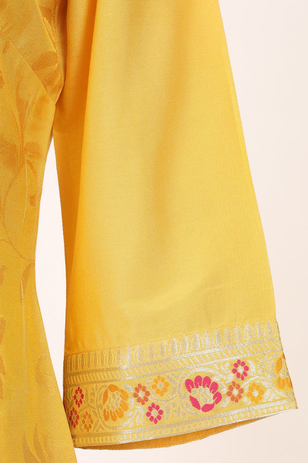 Yellow Zari Embroidered Jacquard Straight Kurta with Palazzo and Dupatta Set