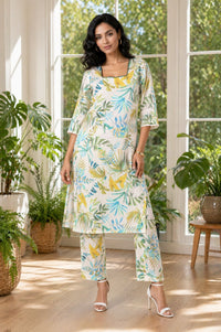 Off White Botanical Printed Pure Cotton Straight Kurta with Palazzo Co-ord Set