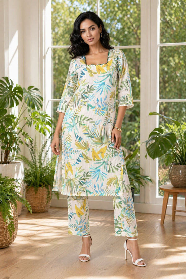 Off White Botanical Printed Pure Cotton Straight Kurta with Palazzo Co-ord Set