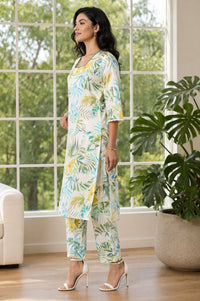 Off White Botanical Printed Pure Cotton Straight Kurta with Palazzo Co-ord Set