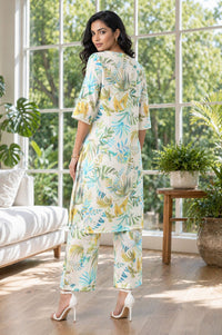 Off White Botanical Printed Pure Cotton Straight Kurta with Palazzo Co-ord Set