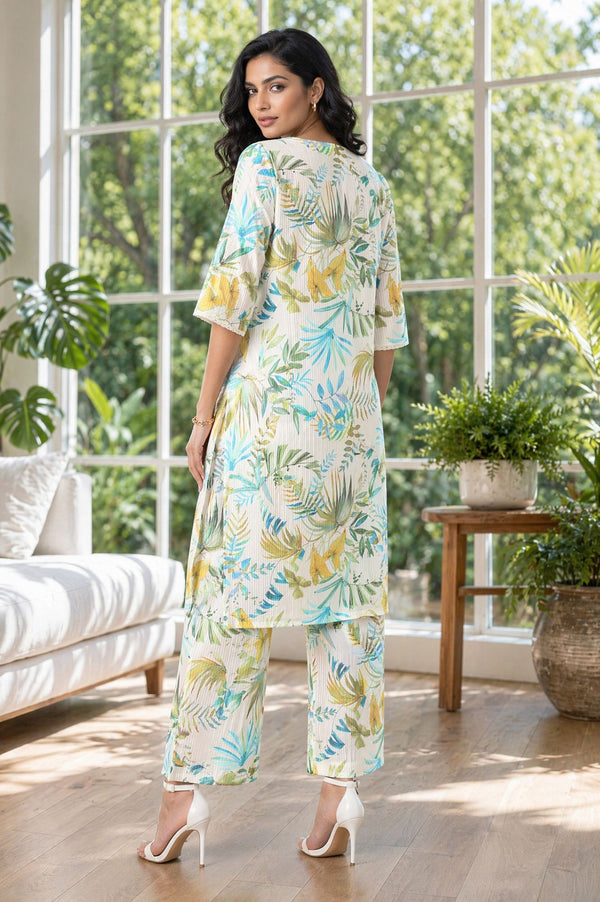 Off White Botanical Printed Pure Cotton Straight Kurta with Palazzo Co-ord Set