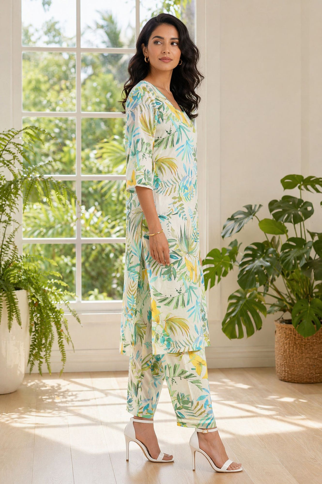 Off White Botanical Printed Pure Cotton Straight Kurta with Palazzo Co-ord Set