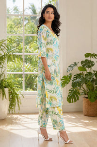 Off White Botanical Printed Pure Cotton Straight Kurta with Palazzo Co-ord Set