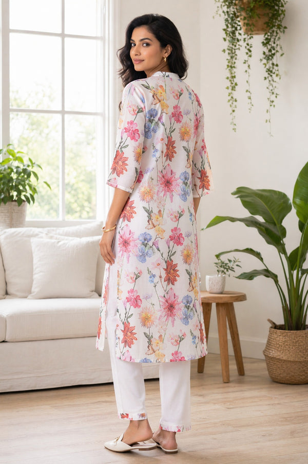 Aurelia Women's Off White Floral Printed Straight Kurta with Palazzo Set