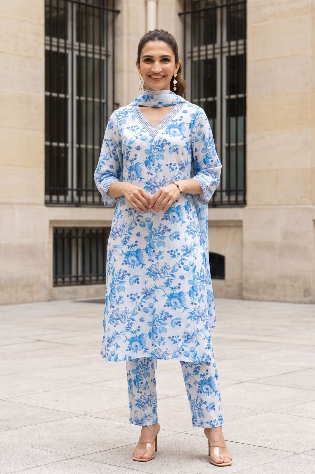 White Floral Print Modal Straight Kurta with Trouser &amp; Stole Set