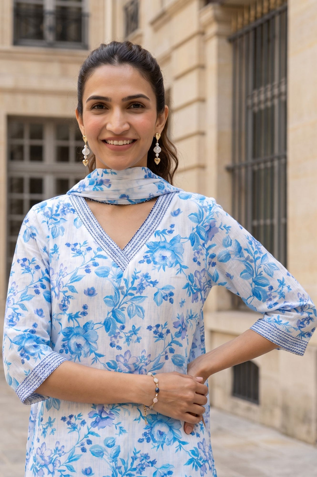 White Floral Print Modal Straight Kurta with Trouser &amp; Stole Set