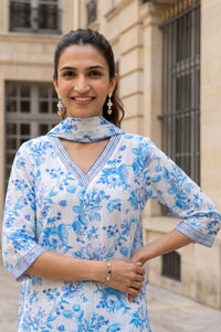 White Floral Print Modal Straight Kurta with Trouser &amp; Stole Set