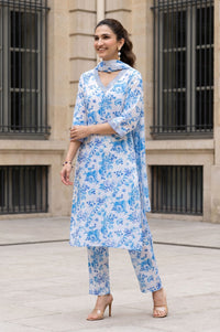White Floral Print Modal Straight Kurta with Trouser &amp; Stole Set