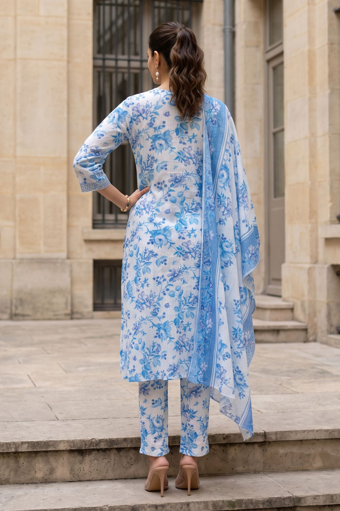 White Floral Print Modal Straight Kurta with Trouser &amp; Stole Set