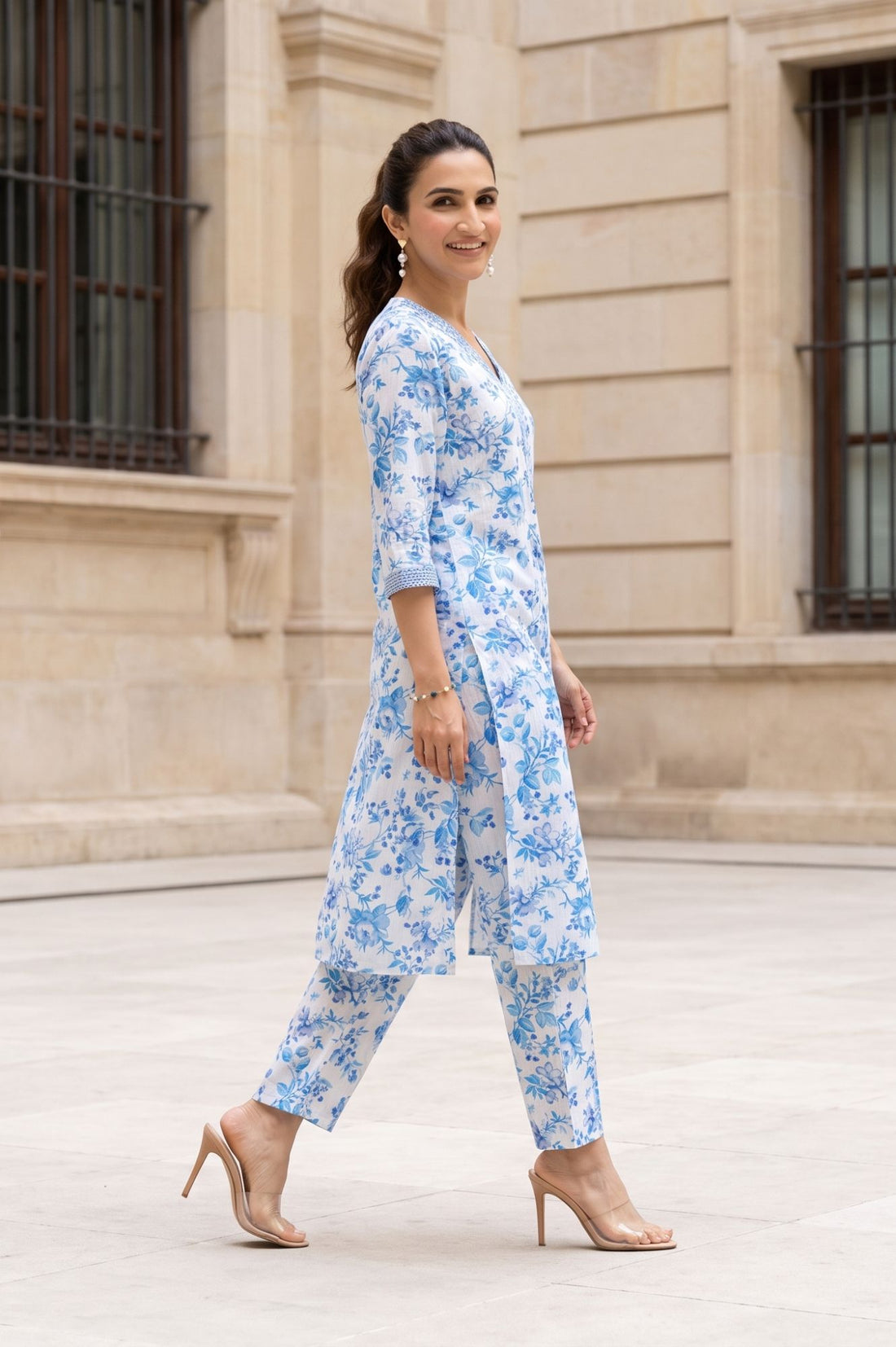 White Floral Print Modal Straight Kurta with Trouser &amp; Stole Set
